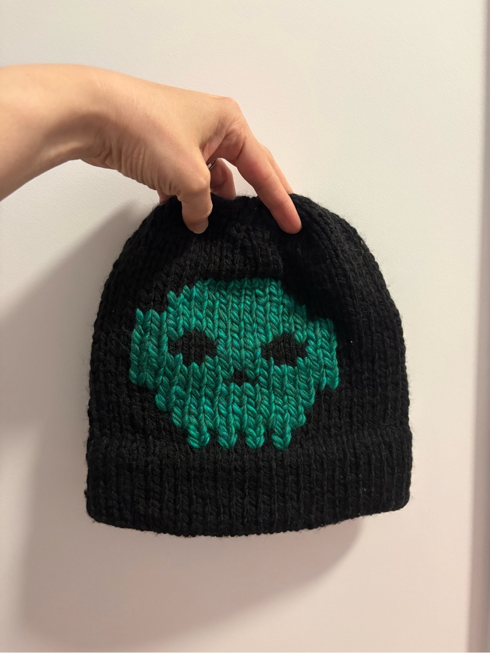 New! Black Adult Beanie with Green Skull Knit